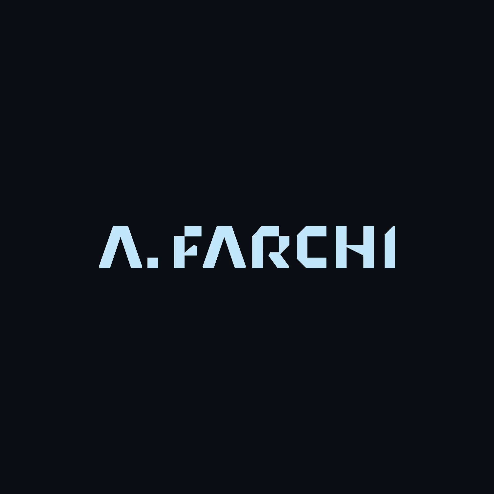 לוגו A.FARCHI באנגלית בגופן גיאומטרי בתכלת על רקע כהה