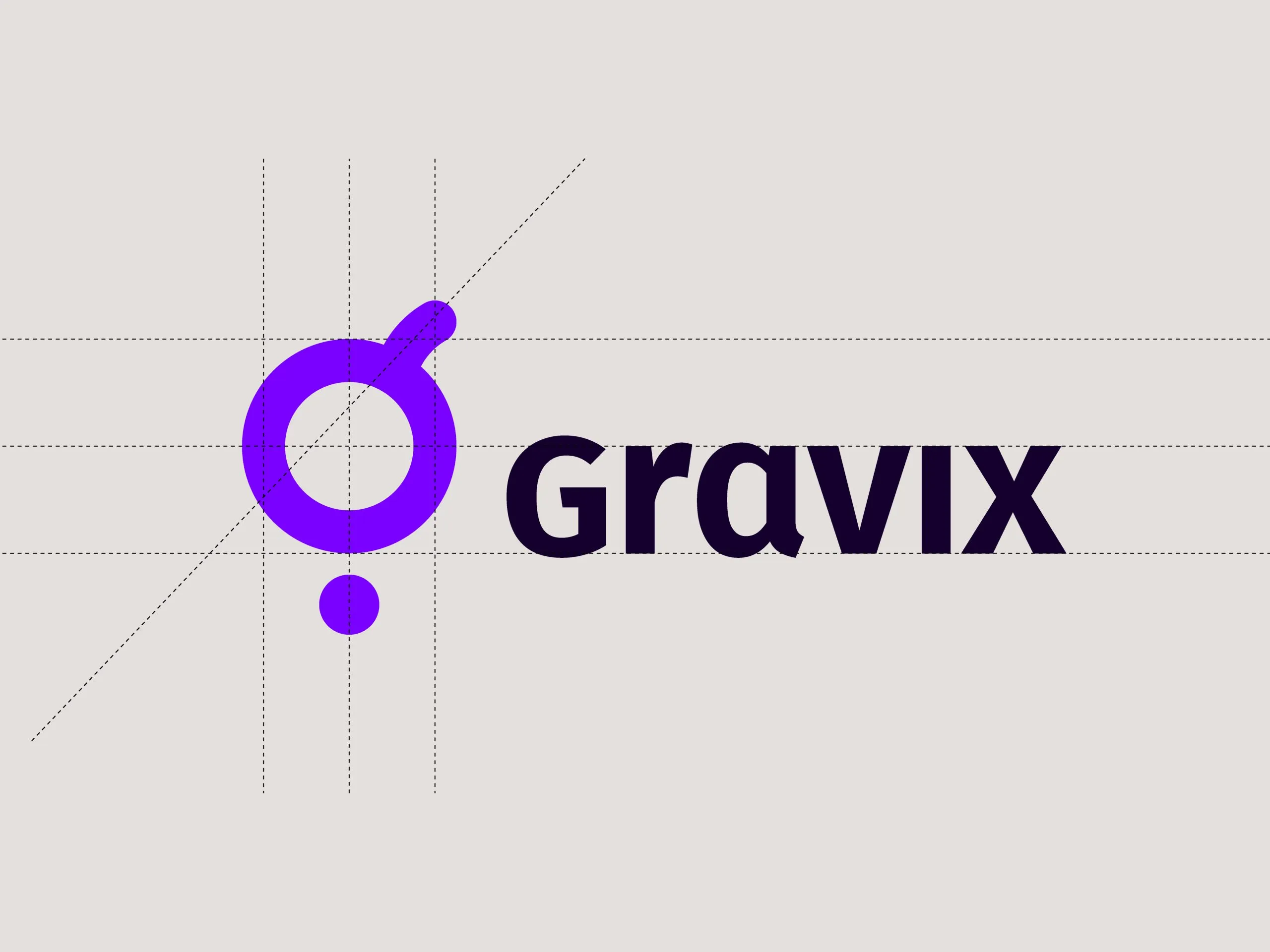 הלוגו הסופי של Gravix בסגול וכחול כהה עם קווי גריד מנחים