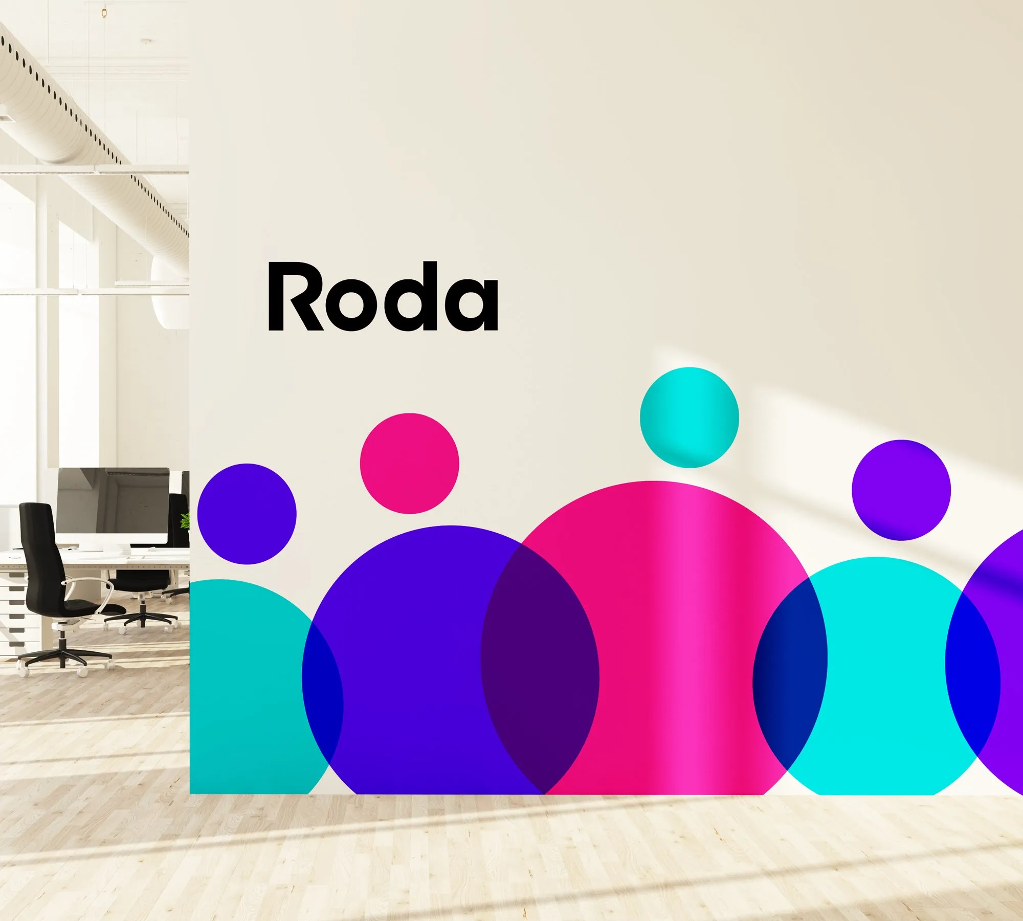 קיר משרד עם לוגו Roda ואיור דמויות מעגלים גדולות בוורוד סגול וטורקיז