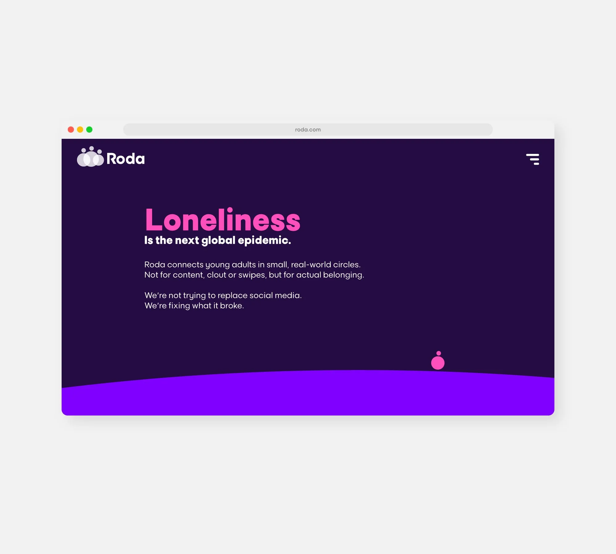 מסך פתיחה כהה באתר Roda עם הכותרת Loneliness בוורוד על רקע סגול כהה