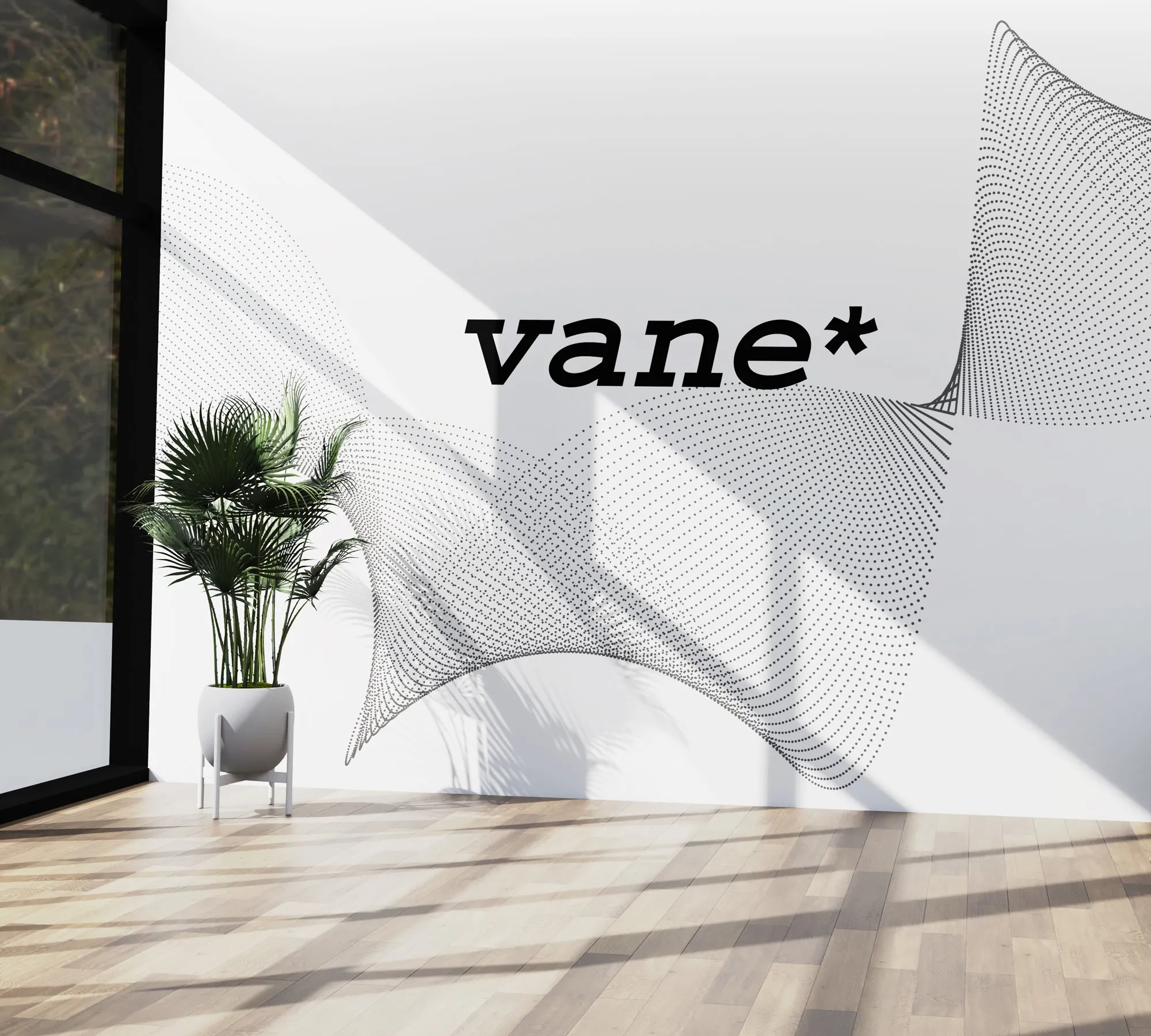 קיר לובי לבן עם לוגו vane* ודוגמת גלים של נקודות מעל עציץ