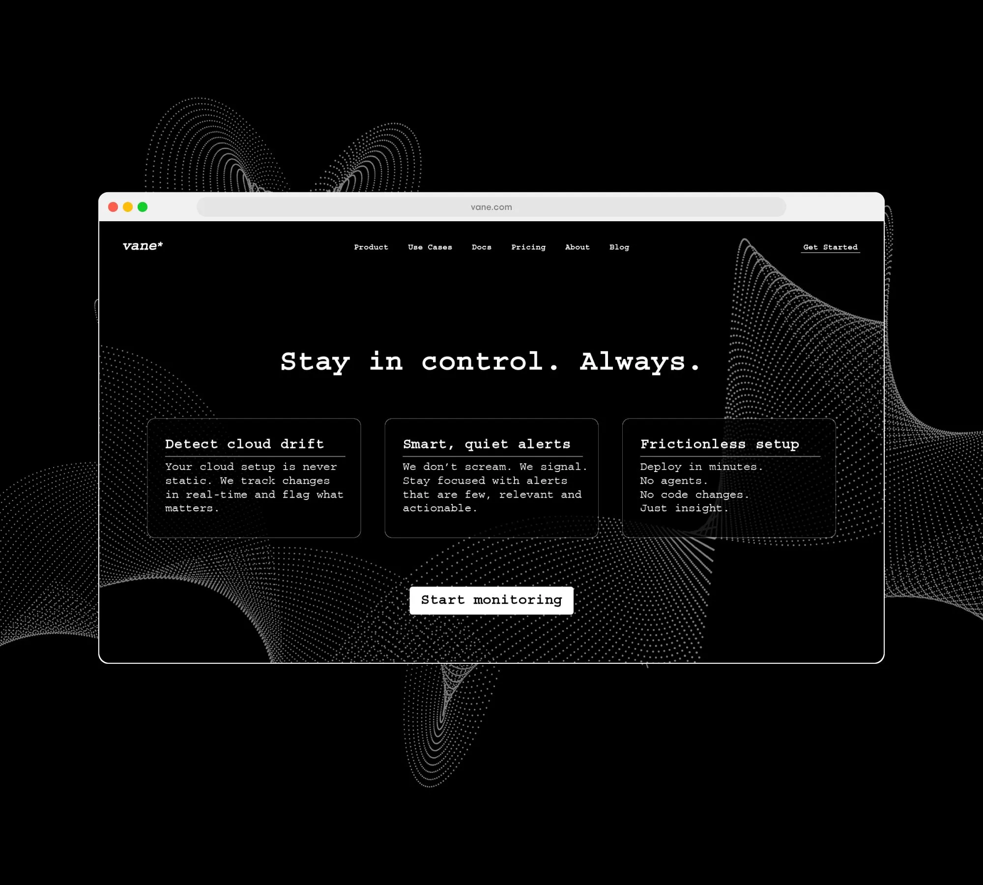 אתר Vane על רקע שחור עם הכותרת Stay in control ושלושה כרטיסי תכונות